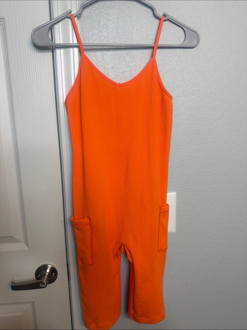 Sleeveless Orange Ribbed Jumpsuit with Patch Pockets